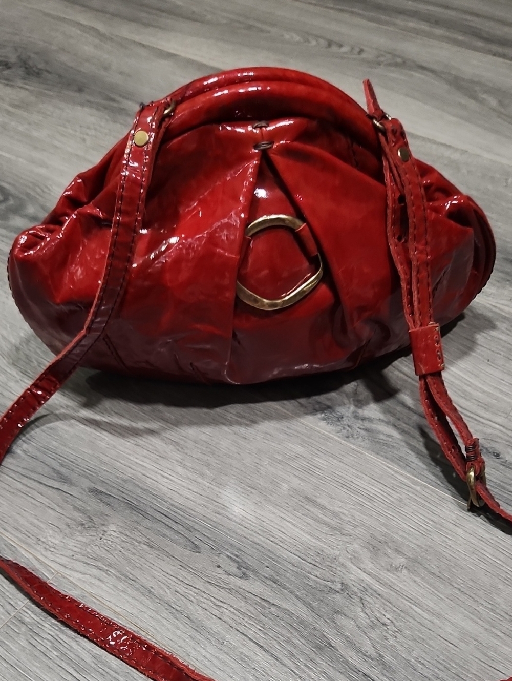 49 Square Miles Red Patent Leather Shoulder Bag with Gold Accent Crossbody Bag